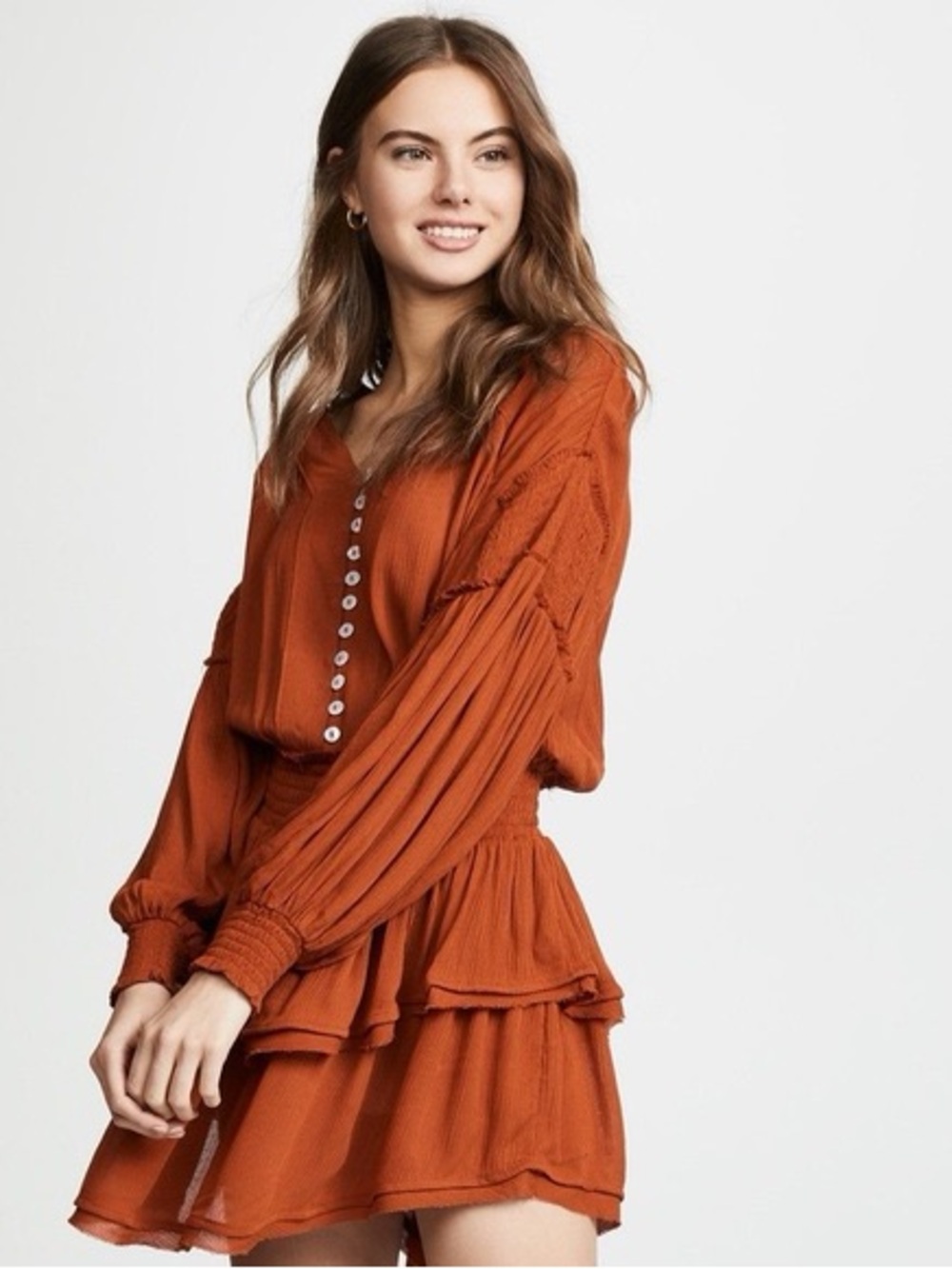 Free People Romy Endless Summer Smock Ruffle Skirt Lo g sleeve Mini Dress Size S